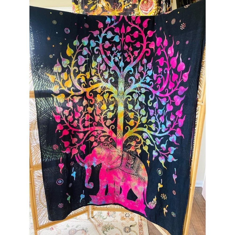 Cotton Rainbow Tie Dye and Black Tree of Life and Elephant Tapestry Wall Hanging